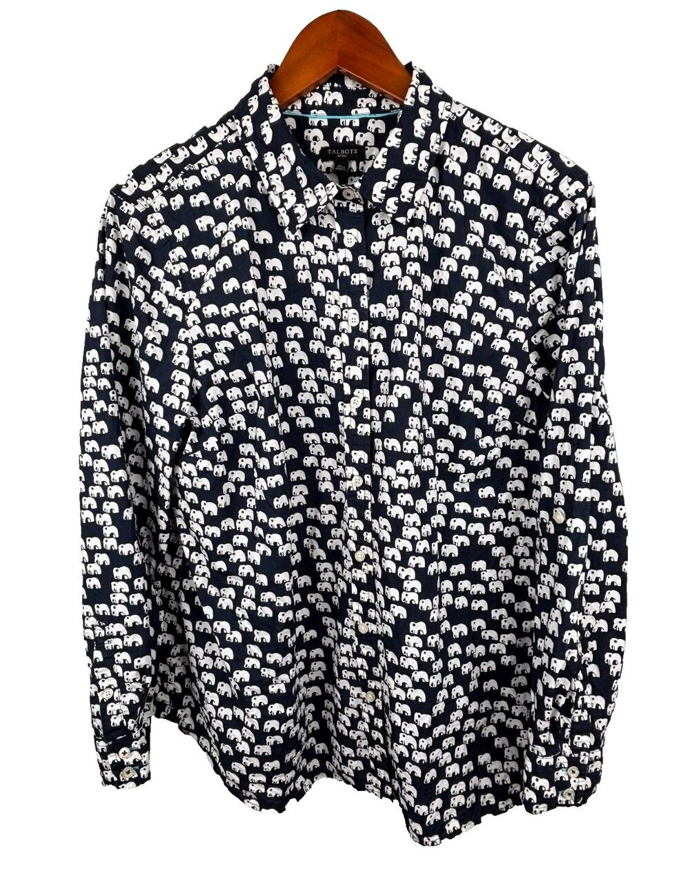Talbots PXL Petite Button Up Navy Blue Elephant Print Cotton Shirt Top